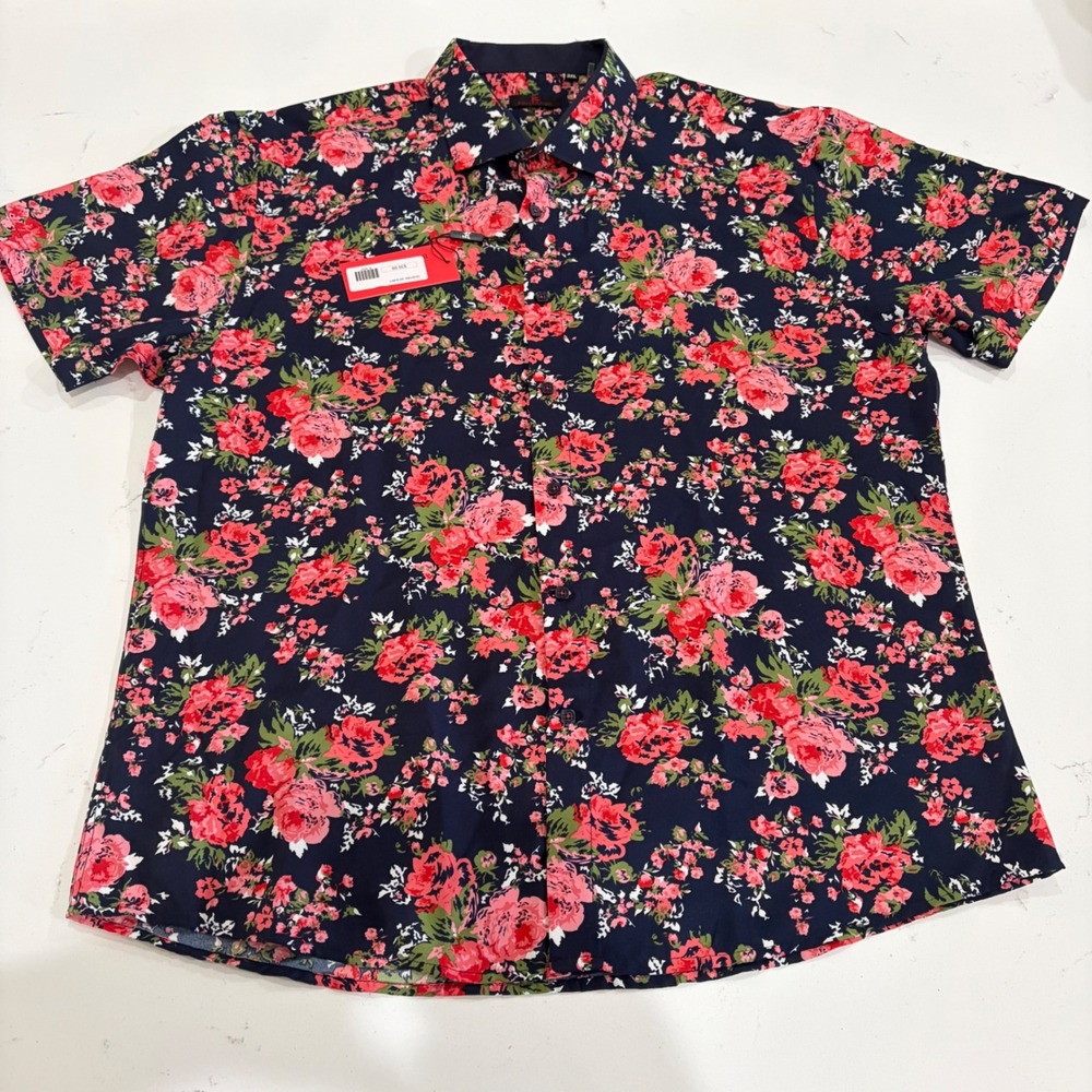 BC Collection Mens Floral Rose Print Short Sleeve Button Down Shirt Navy 3XL NEW